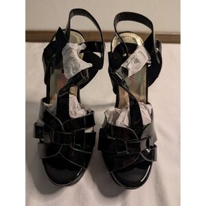 Shoe DeZigns Womens Black Patent Platform Sandals Stiletto T-Strap Heels Size 5